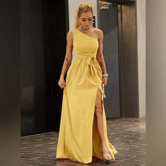 NWOT Yellow Twist Shoulder Belted Sexy Split Thigh Joyfunear Dress XL - Picture 14 of 14